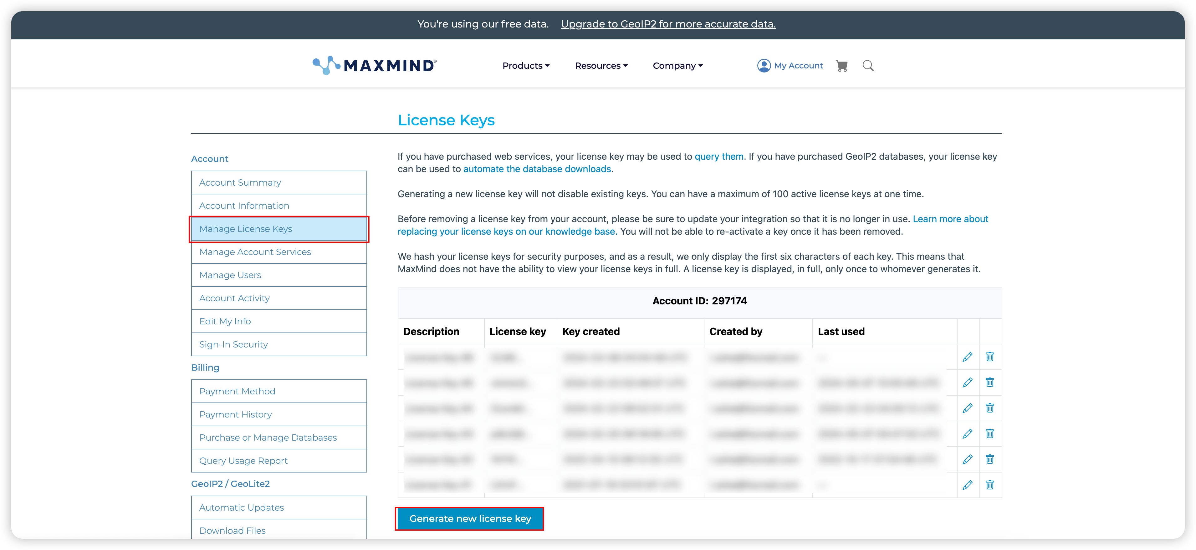 MaxMind License Key Generation Interface