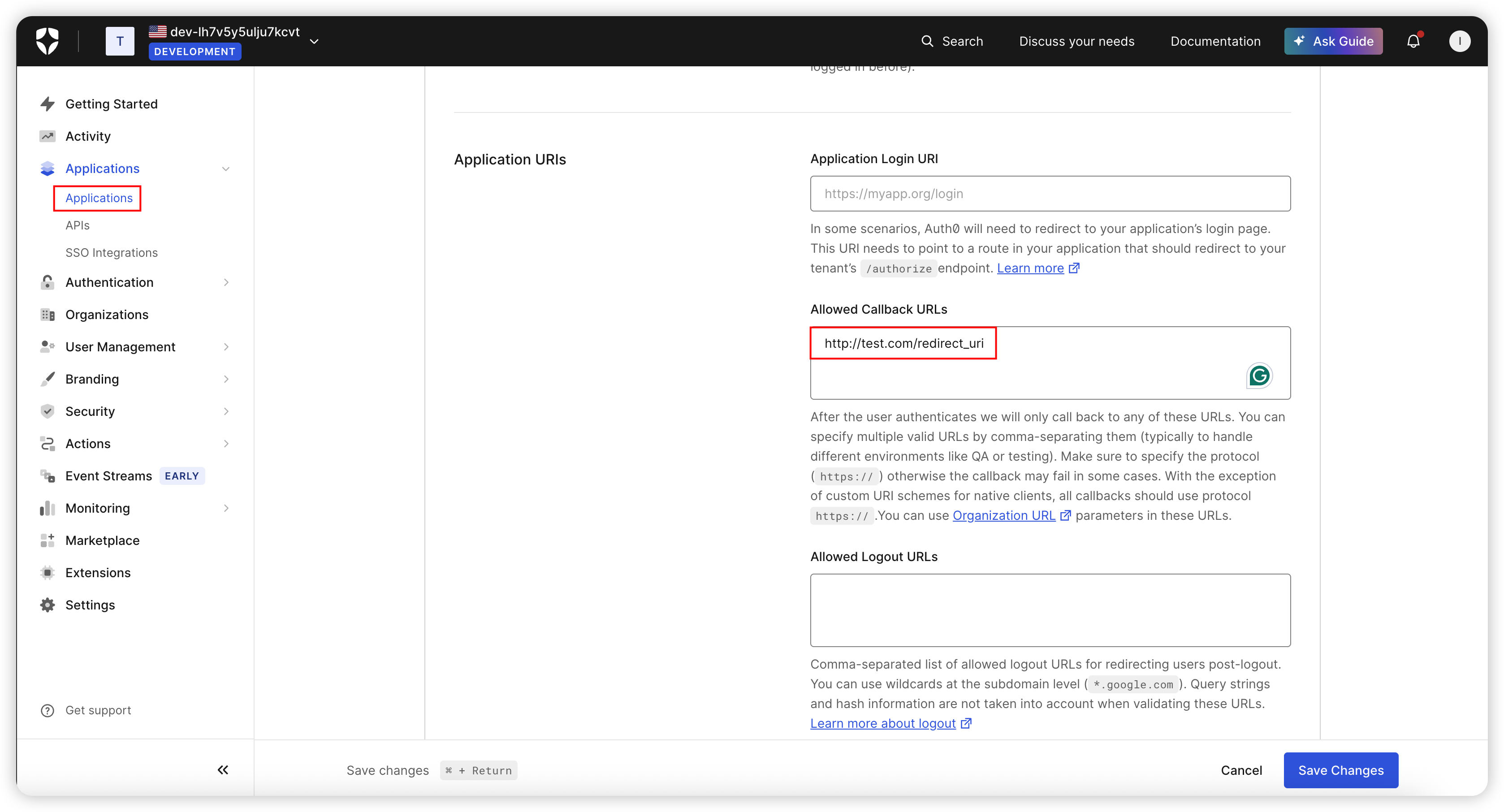 Auth0 Redirect URI Configuration